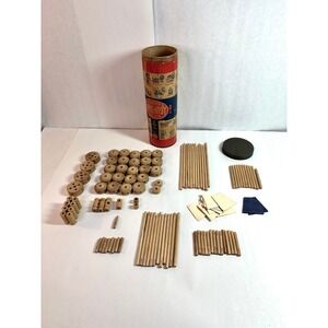 Vintage 1948 Wonder Tinkertoy Builder Wooden Set Original Canister Instructions